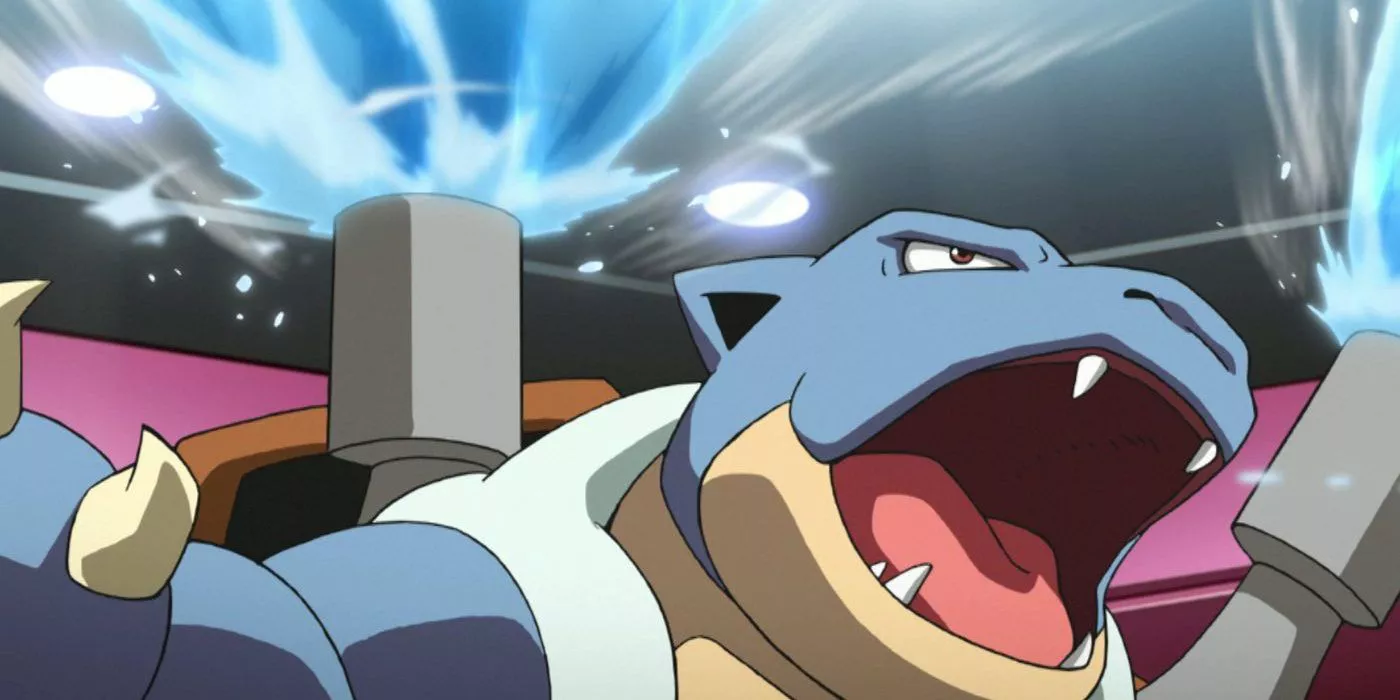 Blastoise disparando agua desde sus cañones en su caparazón.