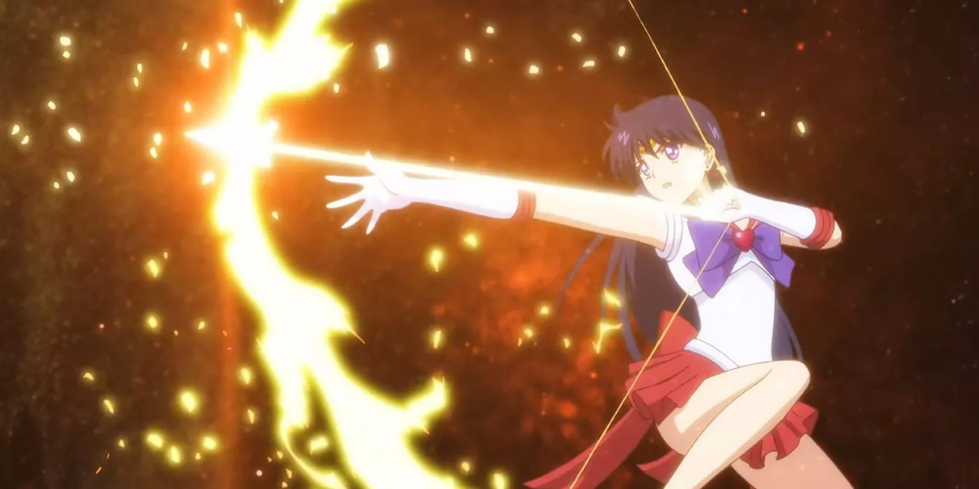 Sailor Mars is performing Mars Flame Sniper in Sailor Moon Eternal.