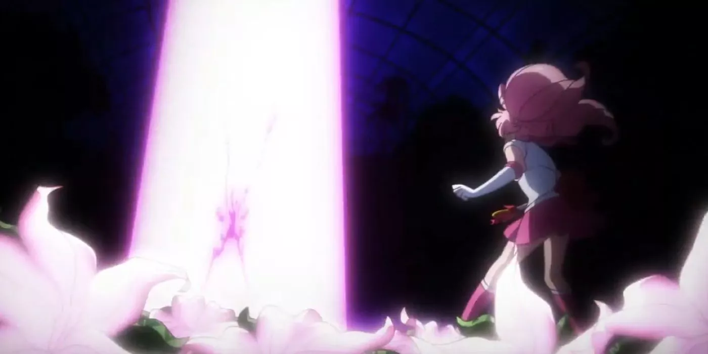 Sailor Pluto uses Dead Scream to obliterate an enemy in Sailor Moon Crystal.