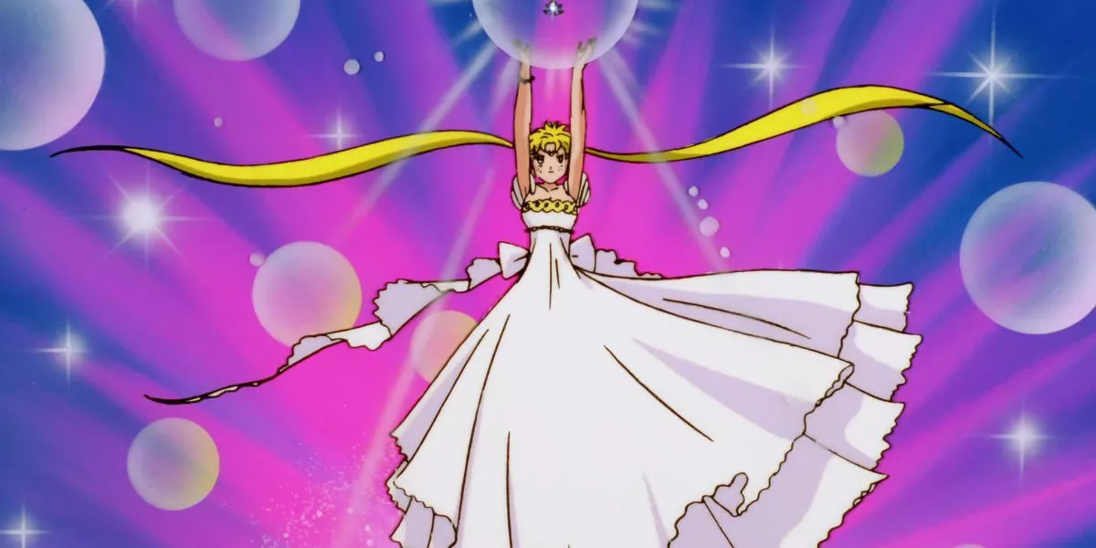 Usagi transforms into Princess Serenity with the Silver Crystal in Sailor Moon R The Movie.