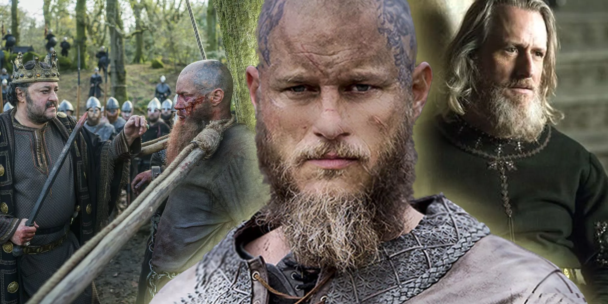 Vikings tv series three-way split featuring Ragnar Lothbrok, King Aelle and King Ecbert