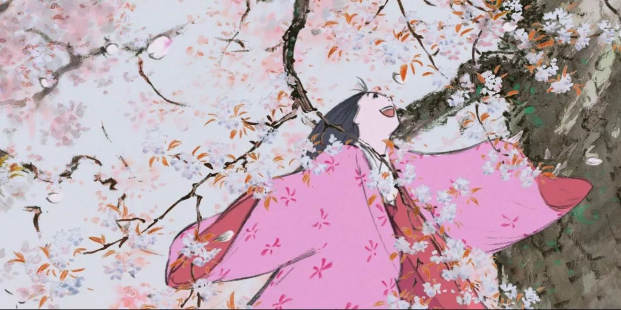 La Princesa Kaguya baila bajo un árbol de Sakura en La Historia de la Princesa Kaguya.