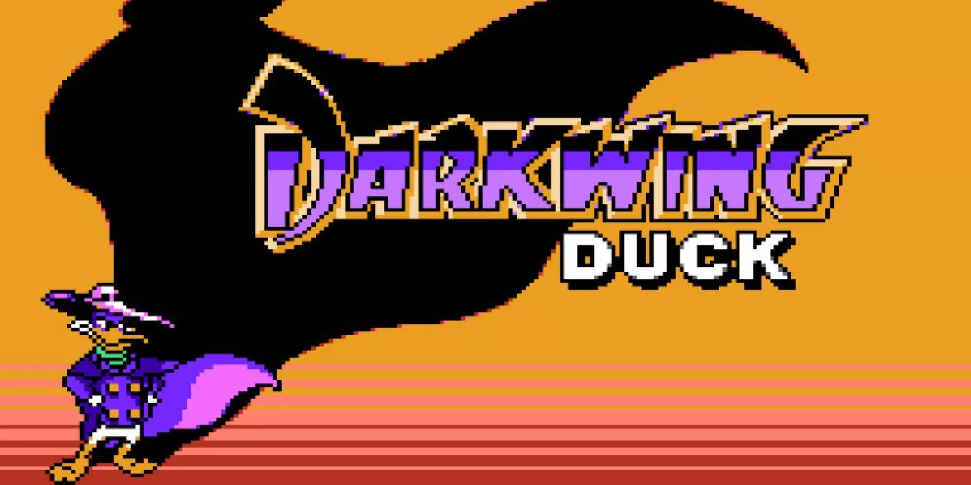 Darkwing posa en la pantalla del título del juego de Capcom NES Darkwing Duck.