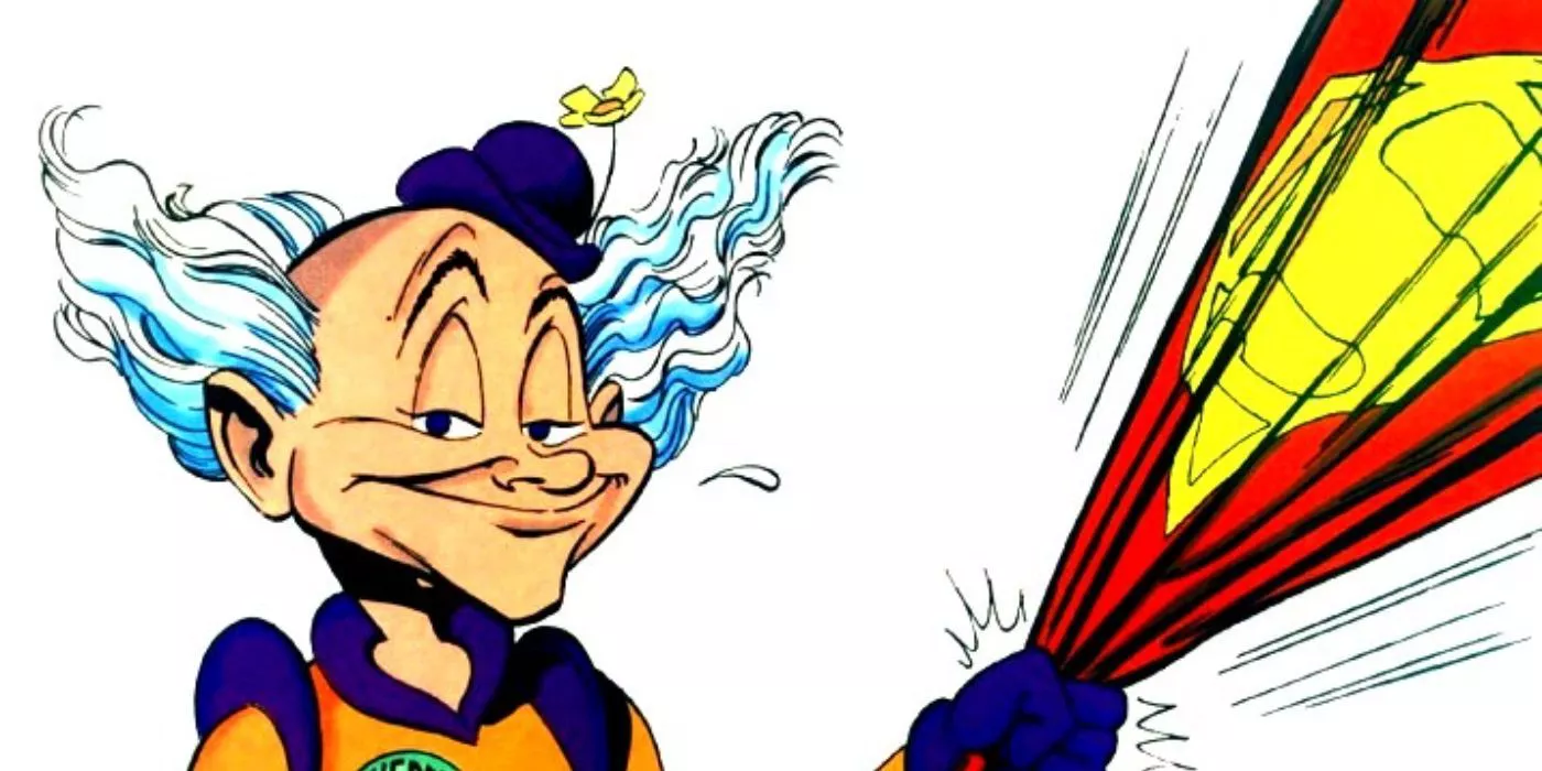 Una imagen de Mister Mxyzptlk tirando de la capa de Superman