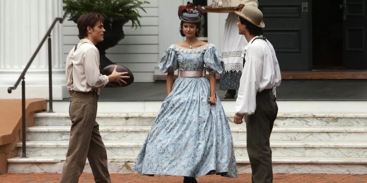 Katherine with Damon and Stefan in the 1800s in The Vampire Diaries.