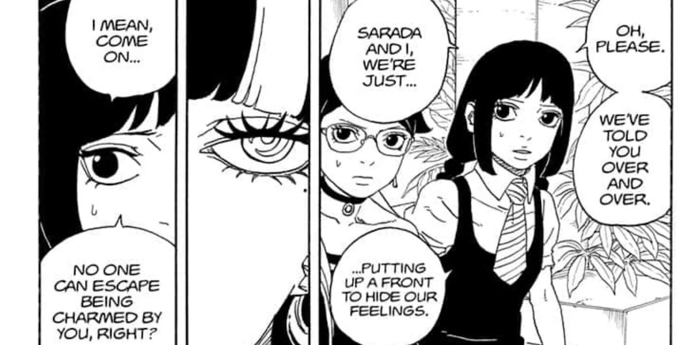 Eida y Daemon hablan con Sarada y Sumire en Boruto: Two Blue Vortex