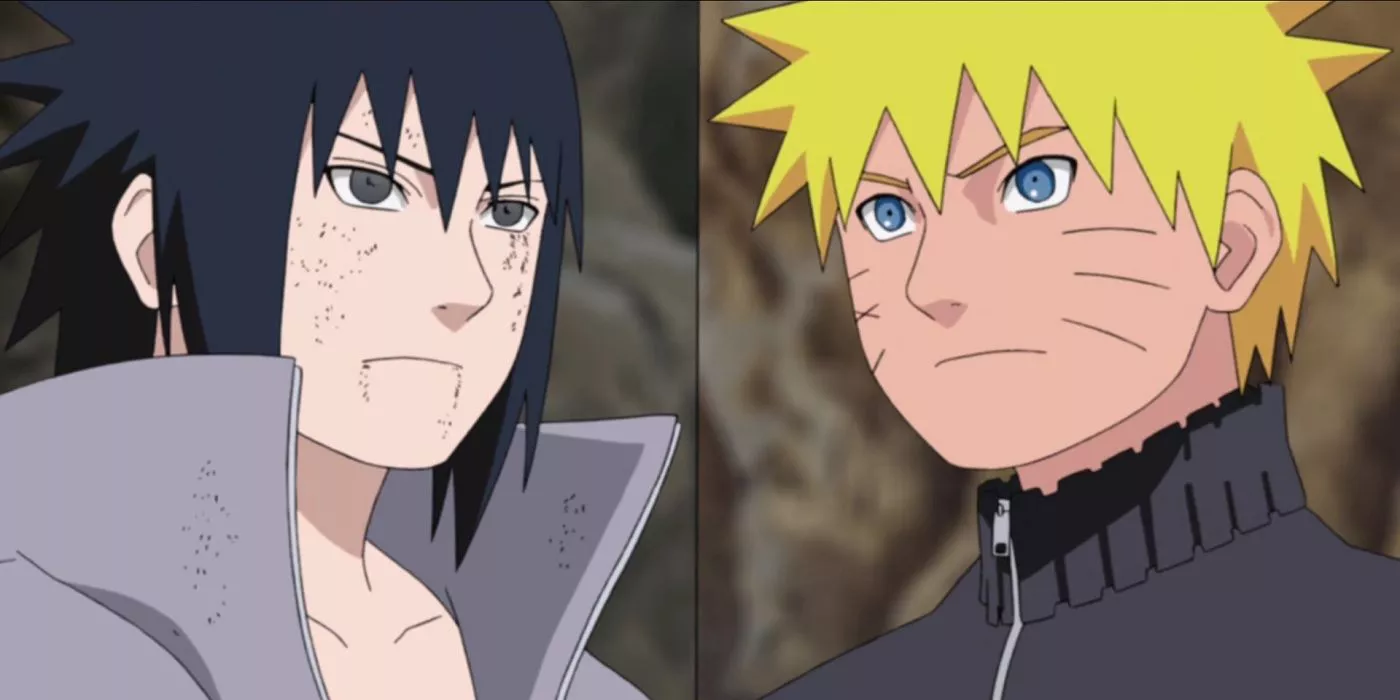 Naruto y Sasuke mirándose el uno al otro durante su batalla final en Naruto Shippuden.