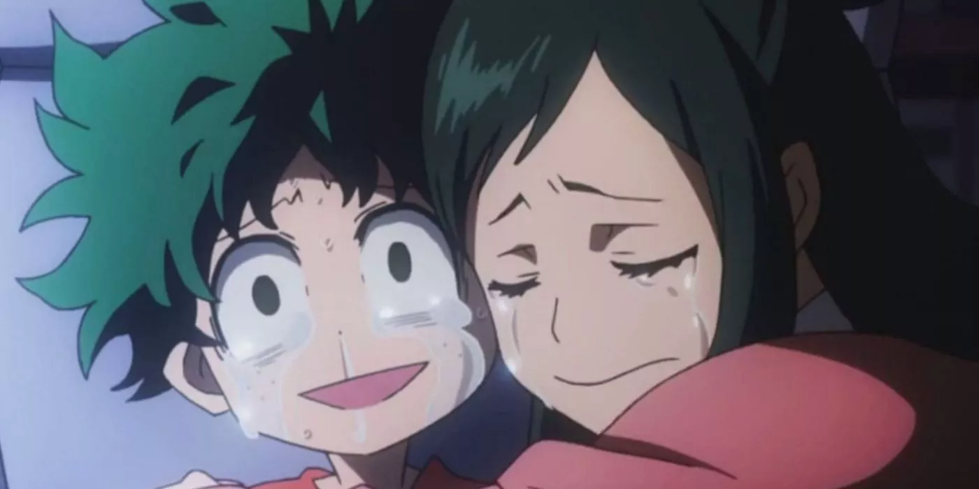 Izuku y Inko Midoriya abrazándose y llorando de My Hero Academia.