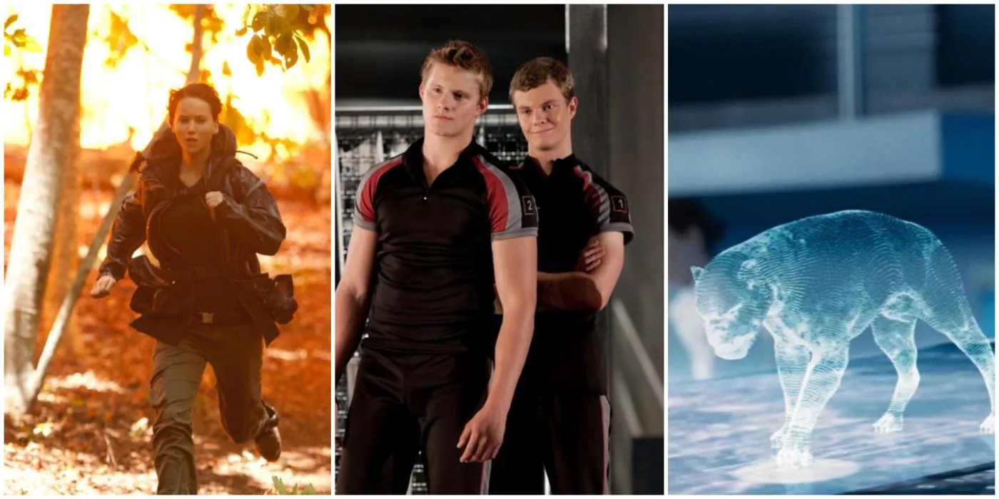 A split image showing Katniss Everdeen running away from fire, Cato and the Career Tributes, and the Muttations from The Hunger Games