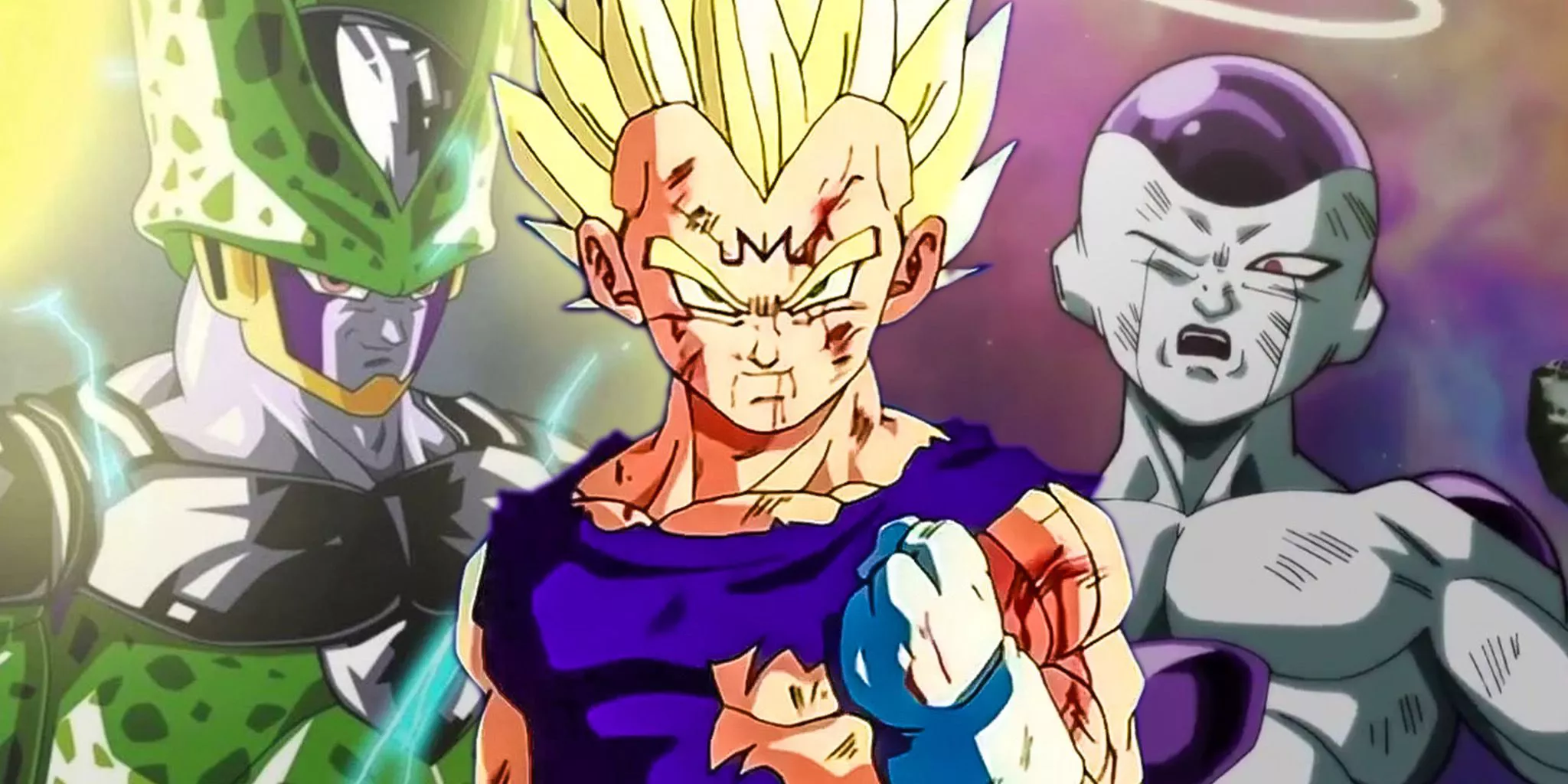 Majin Vegeta with Frieza in Dragon Ball Super and Cell in DBZ