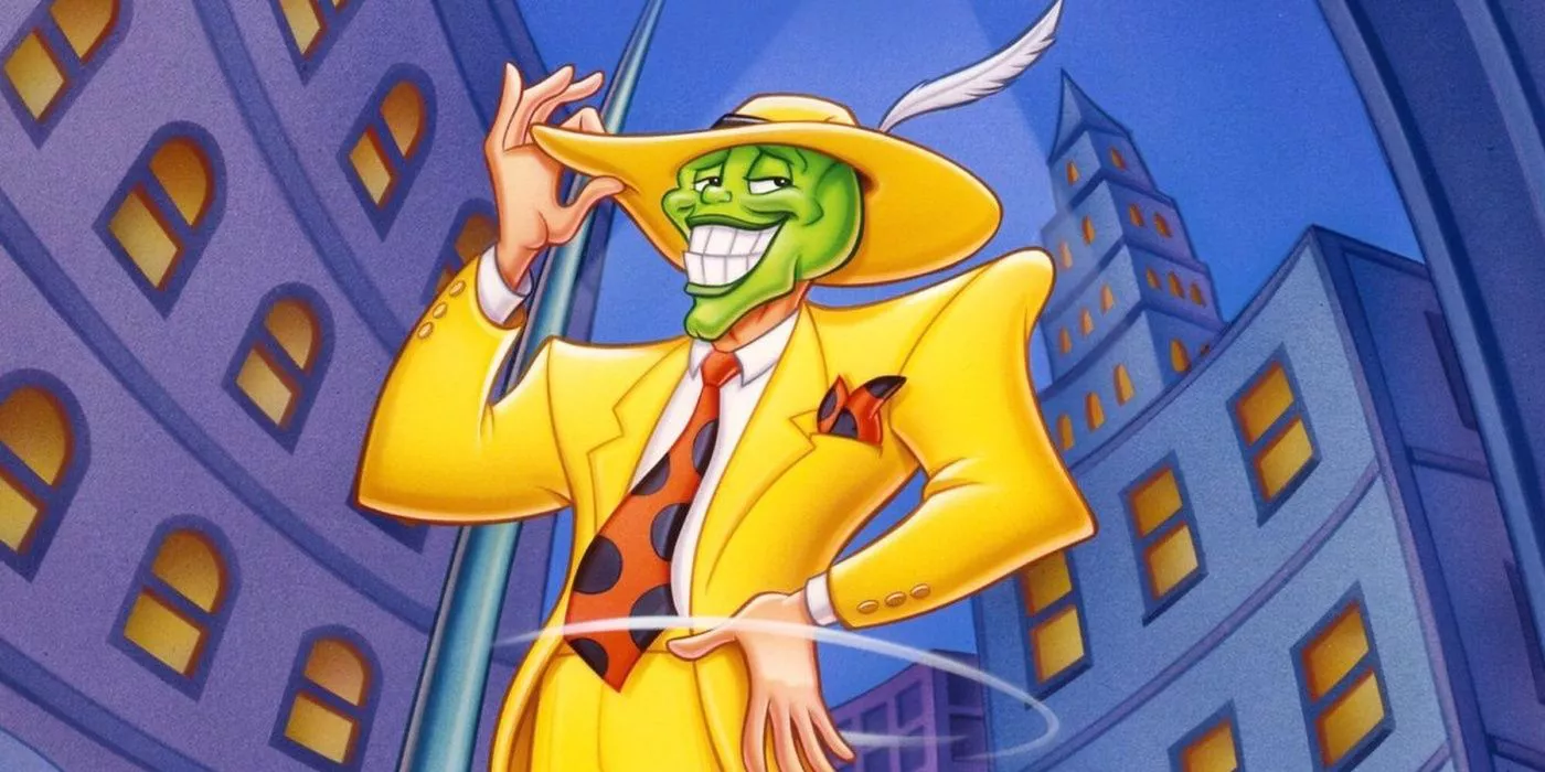 The Mask tips his hat while stood by some tall buildings