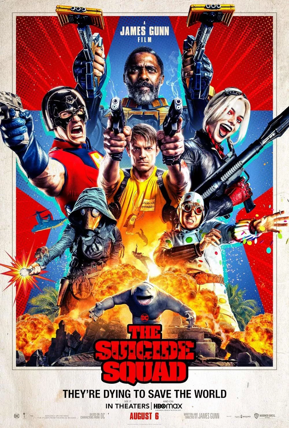 The cast of The Suicide Squad 2021, some of which include Idris Elba as Bloodsport, John Cena as Peacemaker and Margot Robbie as Harley Quinn, are in various action poses on the movie poster for the film.