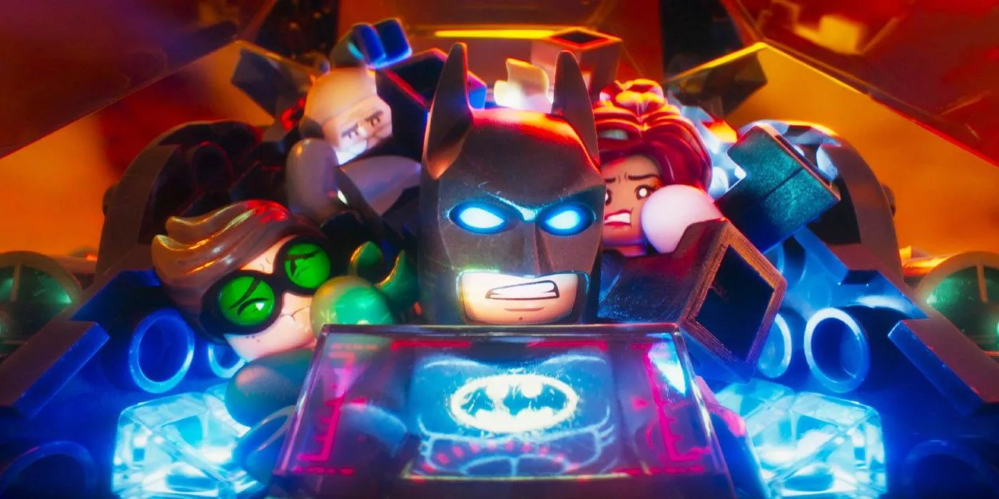 Batman and his companions crammed in the batplane in The Lego Batman Movie.