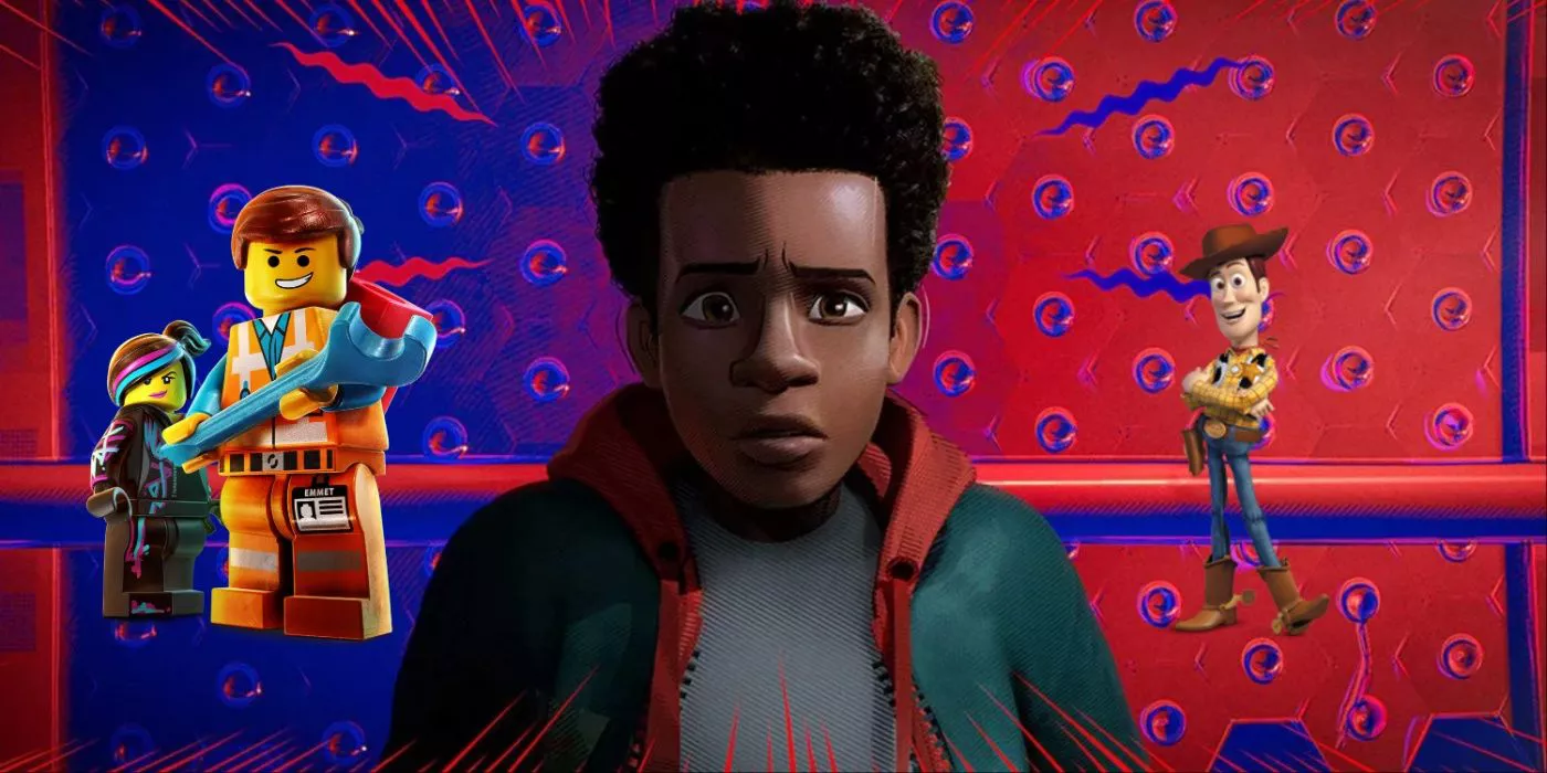 LEGO Movie characters, Woody from Toy Story, Miles Morales from Spider-Man: Into The Spider-Verse.