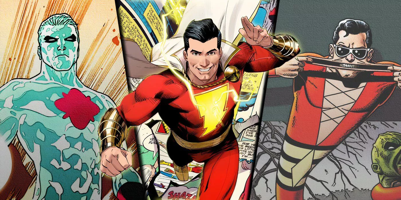 Split image of Captain Atom, Shazam, and Plastic Man from DC Comics