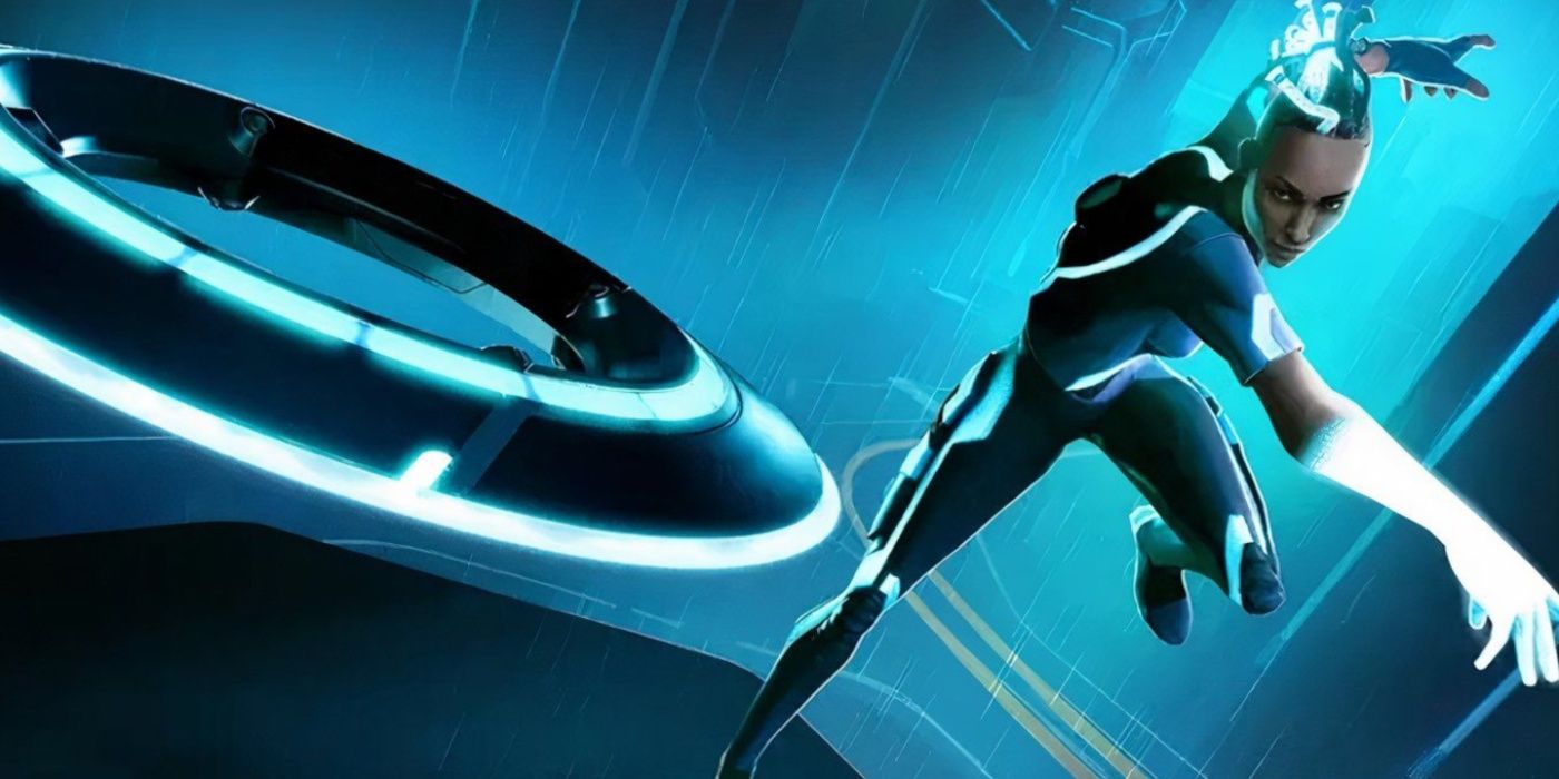 The protagonist of Tron: Catalyst, Exo, throwing a disc in key art.