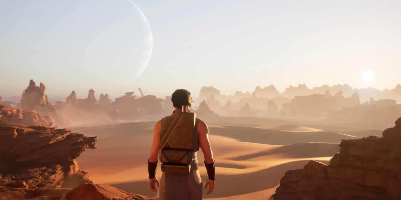 A scene from the video game Dune: Awakening shows a man standing in the desert