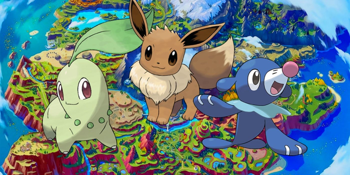 A Pokémon collage featuring Chikorita, Eevee, and Popplio on a map of Paldea.