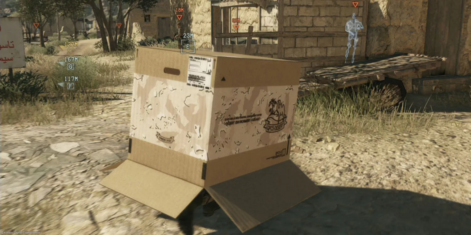 Snake hides inside a cardboard box in Metal Gear Solid V: The Phantom Pain.