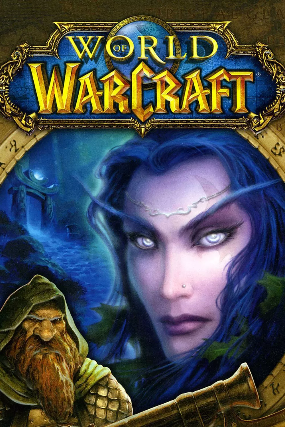 The World of Warcraft Box art features seceral characters from the game, and the title on the top in yellow.