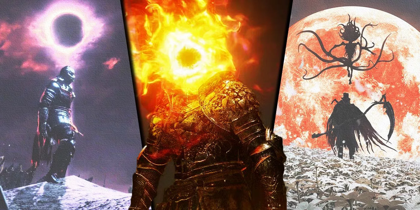 Split image of FromSoftware endings from Dark Souls III, Elden Ring, and Bloodborne