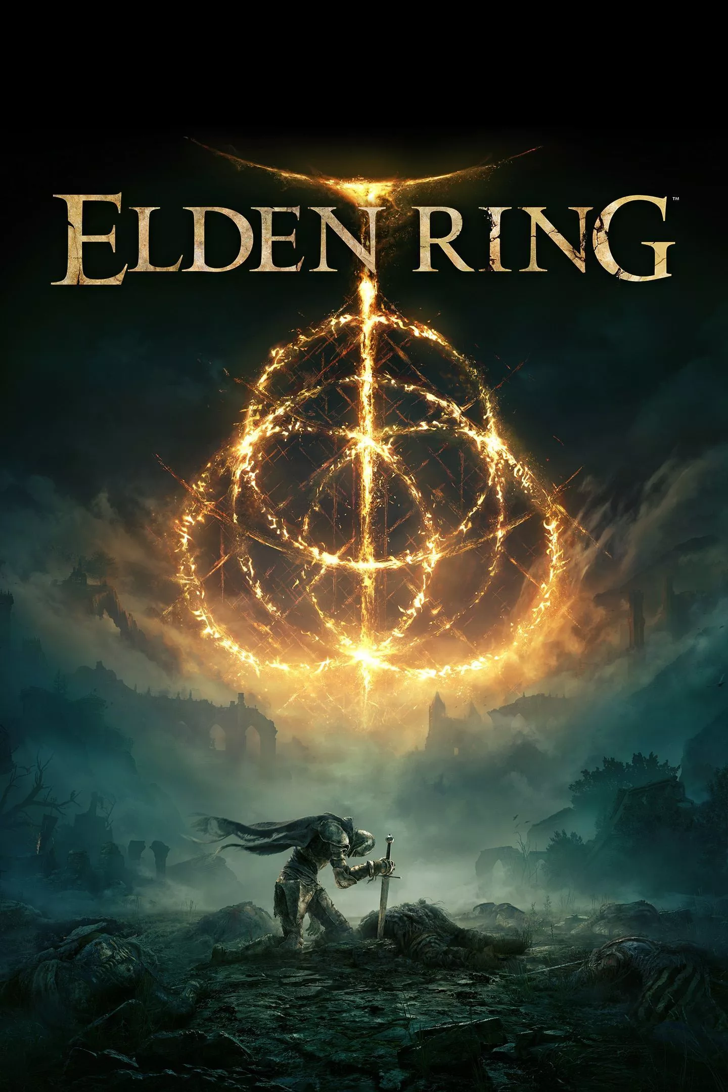 The Elden Ring game poster depicts the Tarnished kneeling in front of a sword in the ground while the logo hovers above his head.