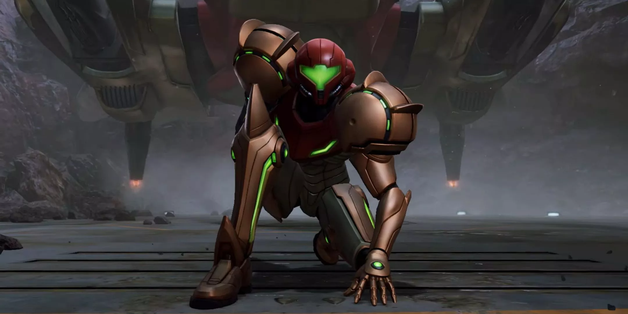 Samus Metroid Prime 4 Beyond gameplay trailer, jumping for her ship and landing in a pose