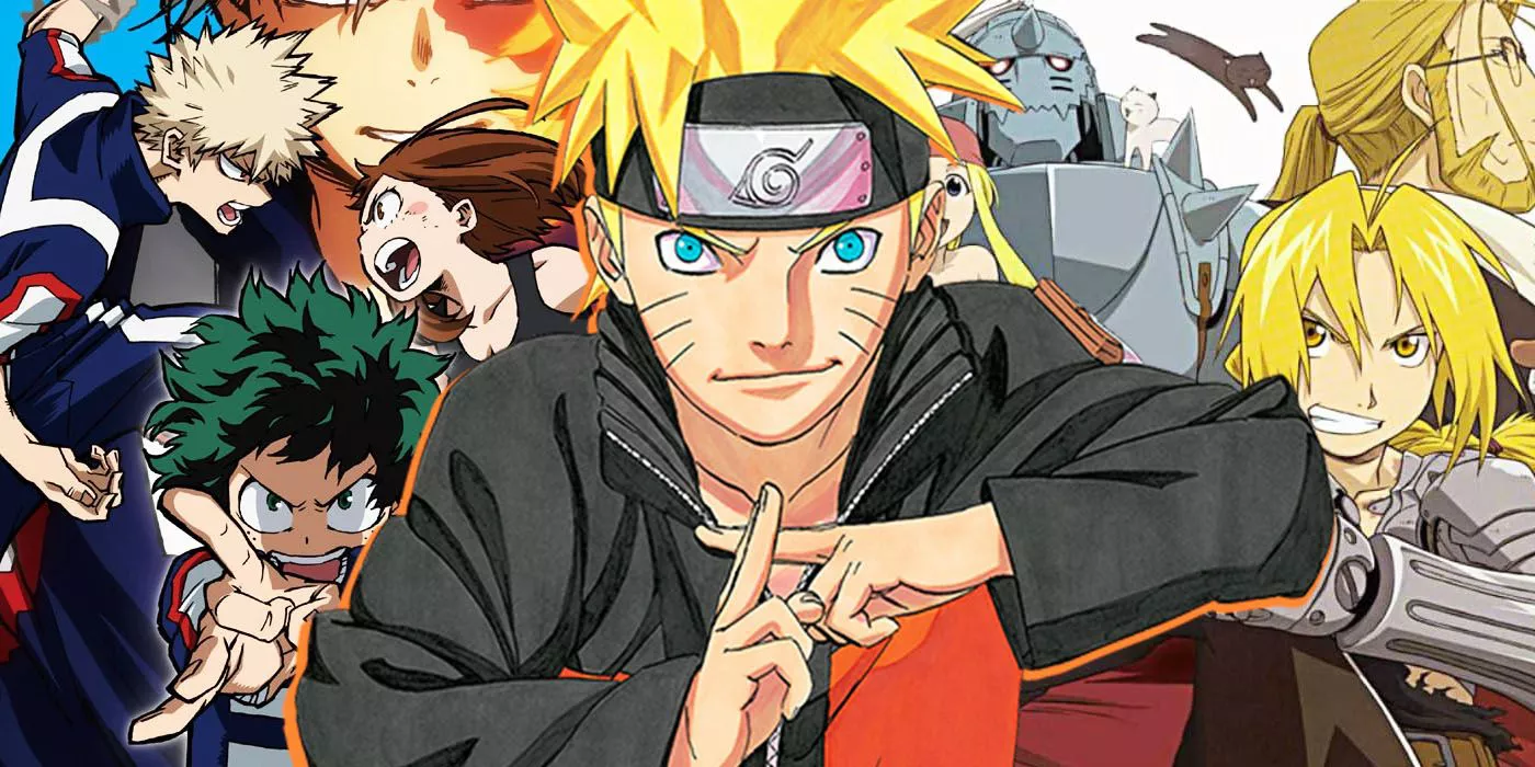 Image of various Shonen characters, including Naruto in the center, Deku, Bakugo, and Uraraka to the left, and Ed, Al, Winry, and Van Hohenheim to the right