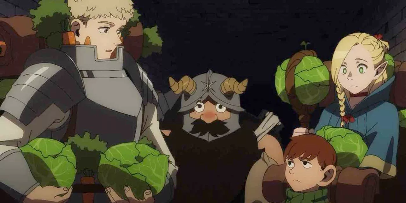 Party with vegetables in Delicious in Dungeon 