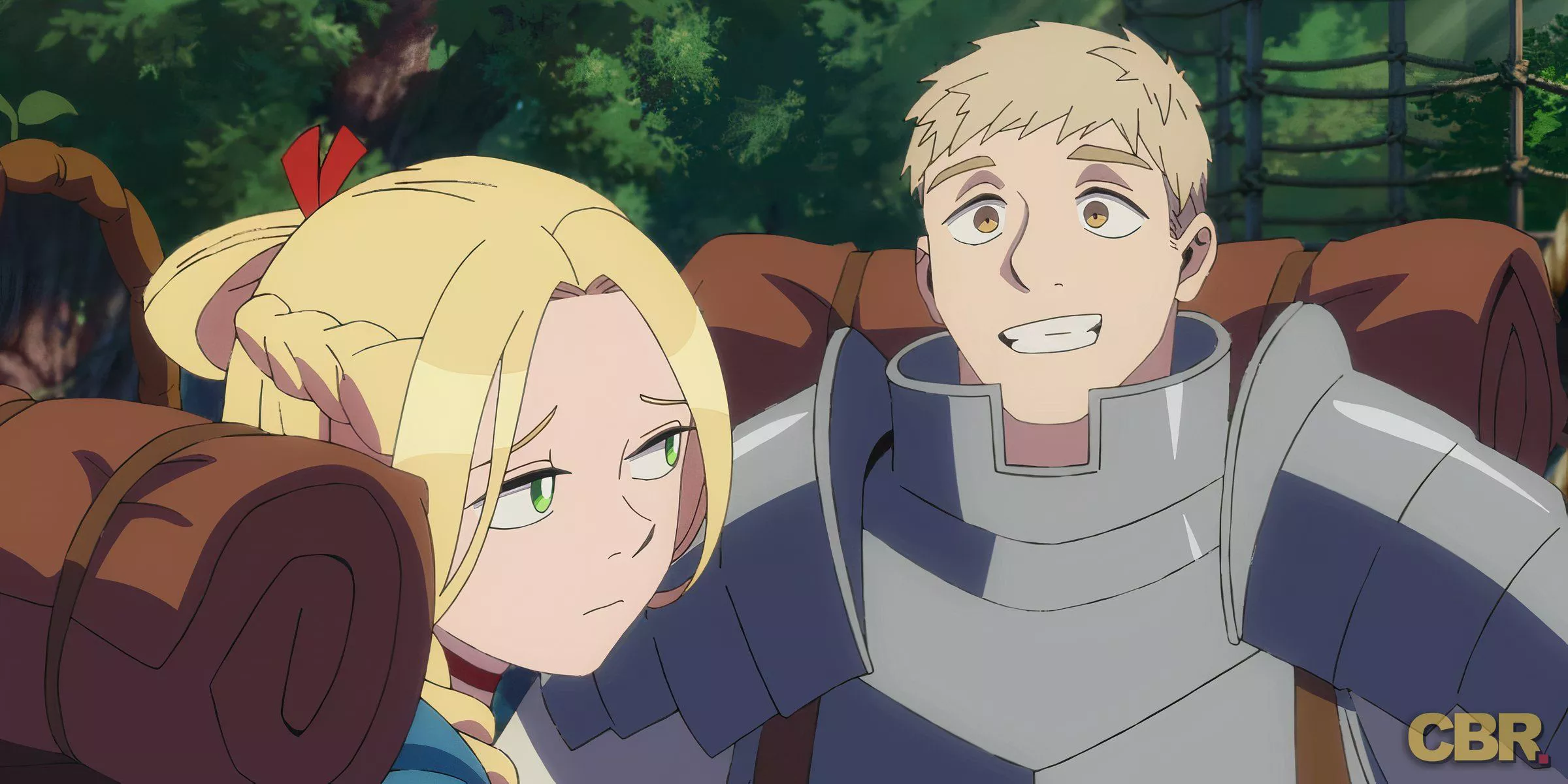 Laios Shows Off His Excitement to an Uninterested Marcille in Delicious in Dungeon.