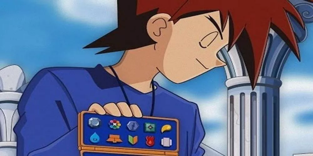 Gary Oak shows off his various gym badges from Pokemon anime