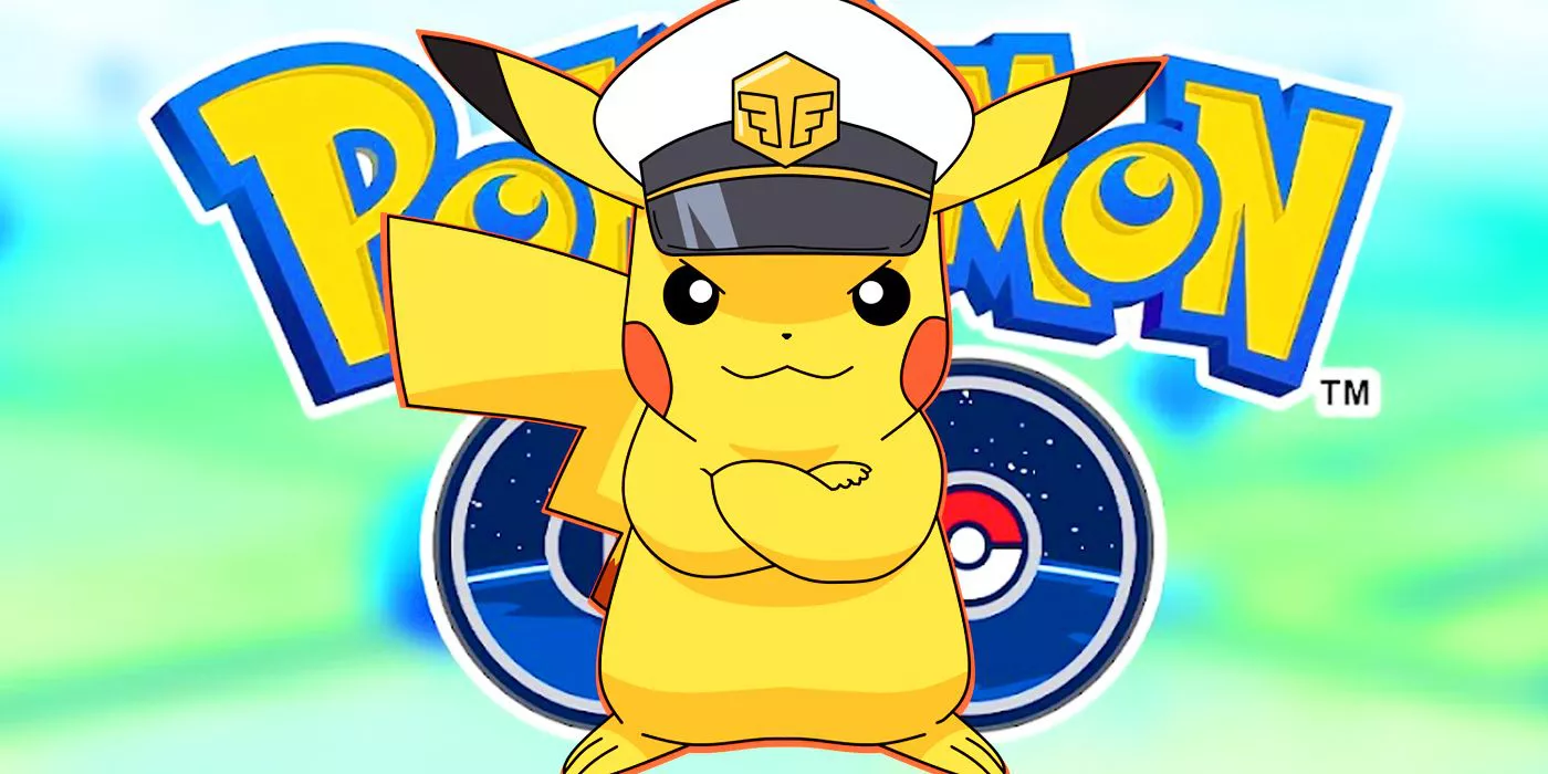 Captain Pikachu in front of the Pokemon Go logo.