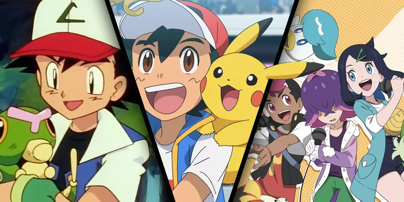 Ash pokemon season 1 (left) Ash Pokémon Ultimate Journeys sendoff (center), Pokemon Horizons (right)