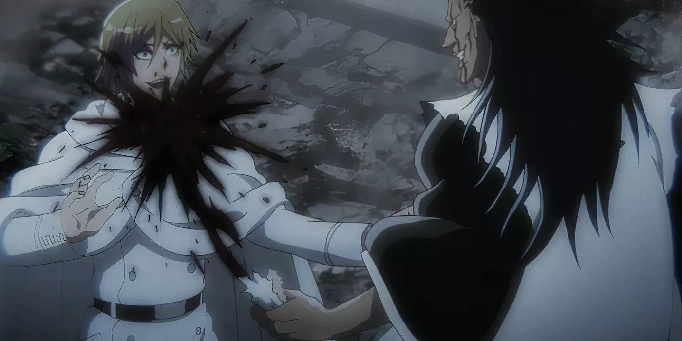 Kenpachi rips out Berenice Gabrielli's throat in Bleach: The Thousand-Year Blood War.