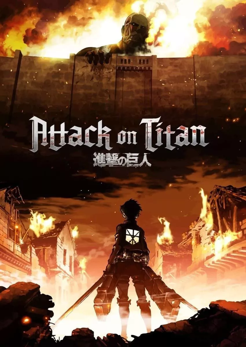 The Attack on Titan TV Poster shows Eren staring at a Tian looking over the wall while standing in front of houses aflame.