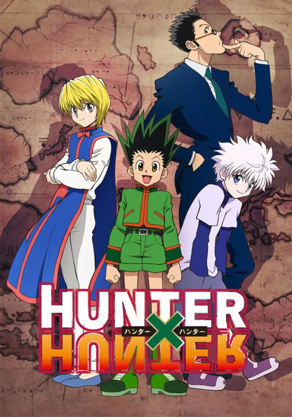 Gon, Killua, Kurapika, and Leorio are posing on the Hunter x Hunter TV show poster.