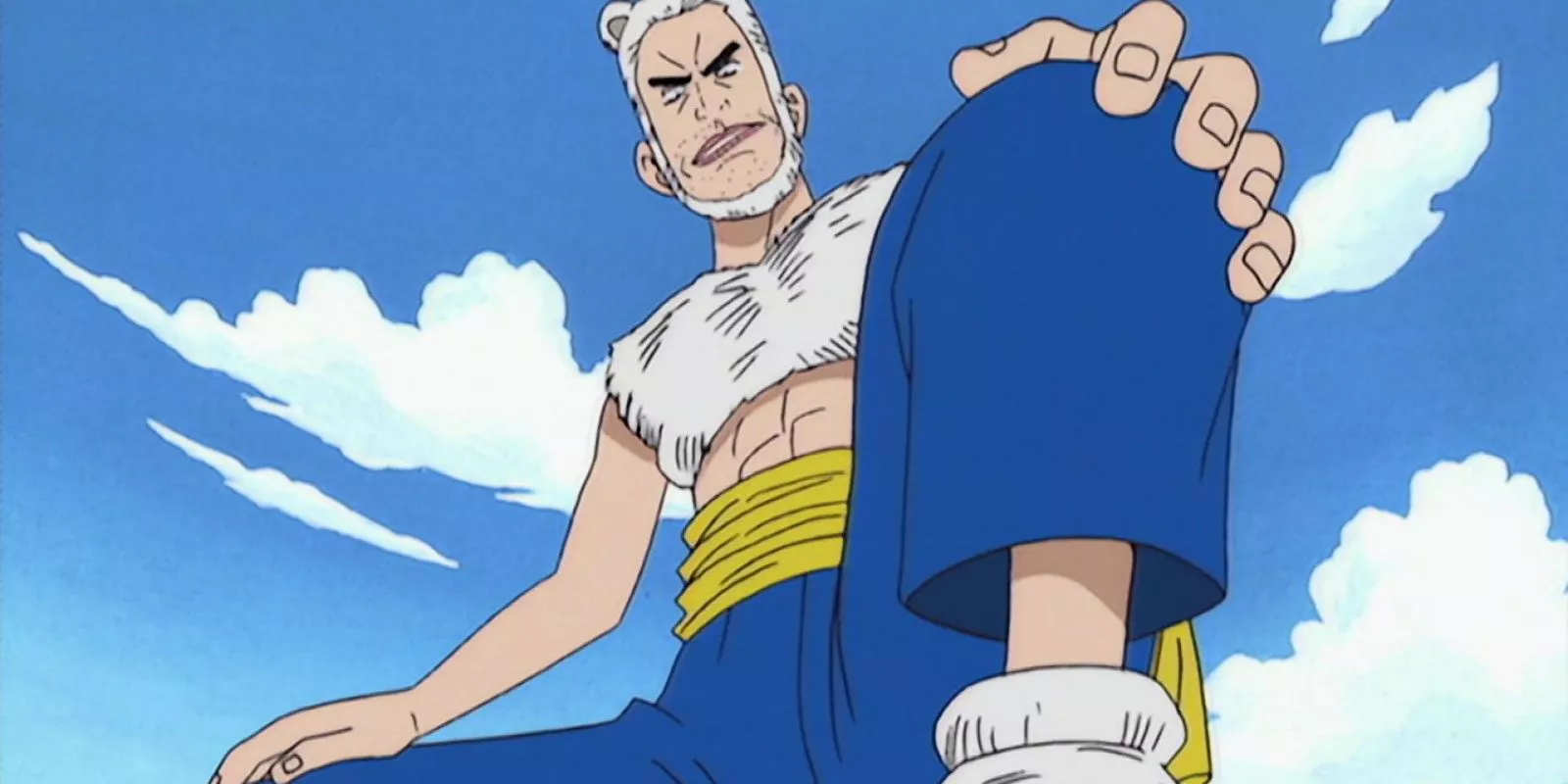 One Piece's Mohji kneels with a menacing look on his face