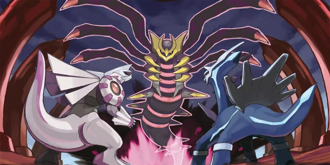 Arte clave de Pokémon Platinum con Palkia y Dialga enfrentando a Giratina.