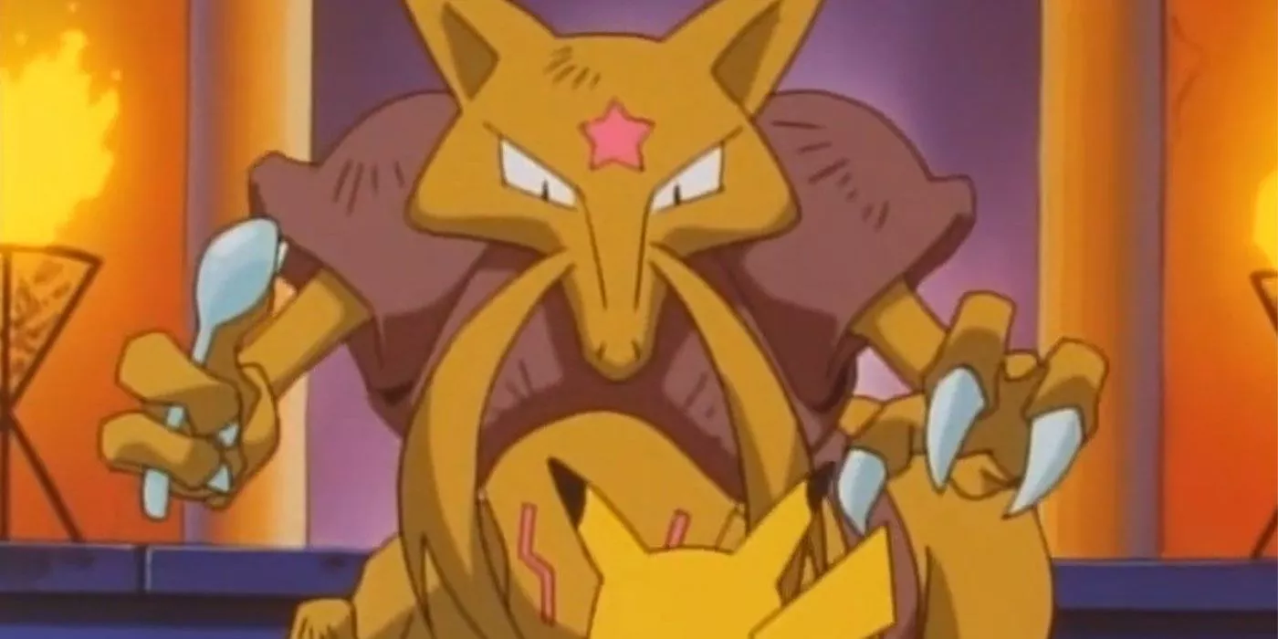 Kadabra mirando a Pikachu en el anime de Pokémon