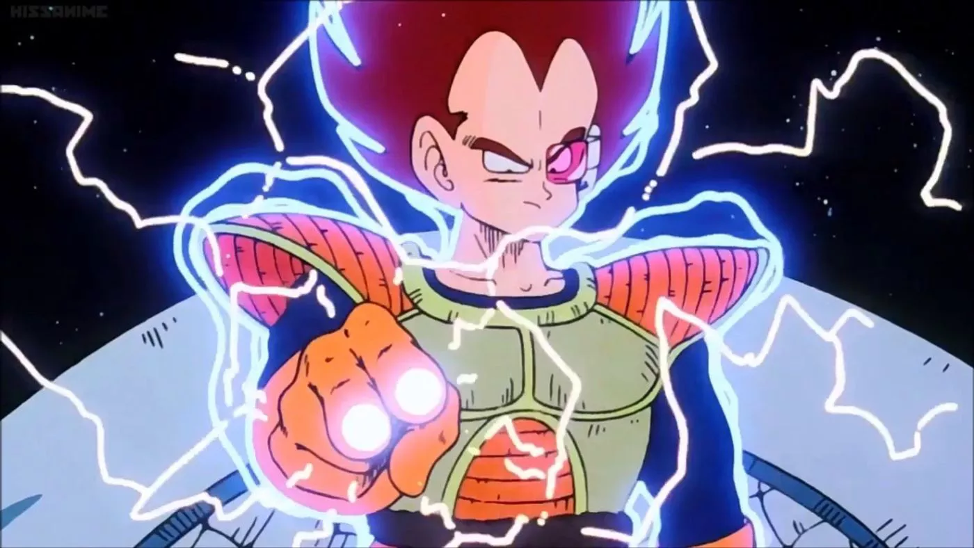 Vegeta conjures energy to destroy Arlia in Dragon Ball Z.