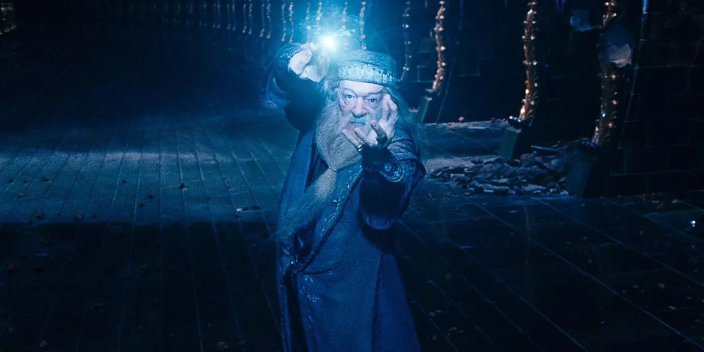 Albus Dumbledore fights Voldemort at the Ministry of Magic in Harry Potter.