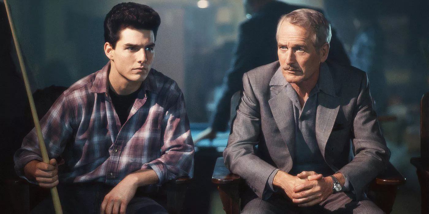 Tom Cruise as Vincent and Paul Newman as Eddie discussing how to hustle people in pool at a billiard in The Color of Money.