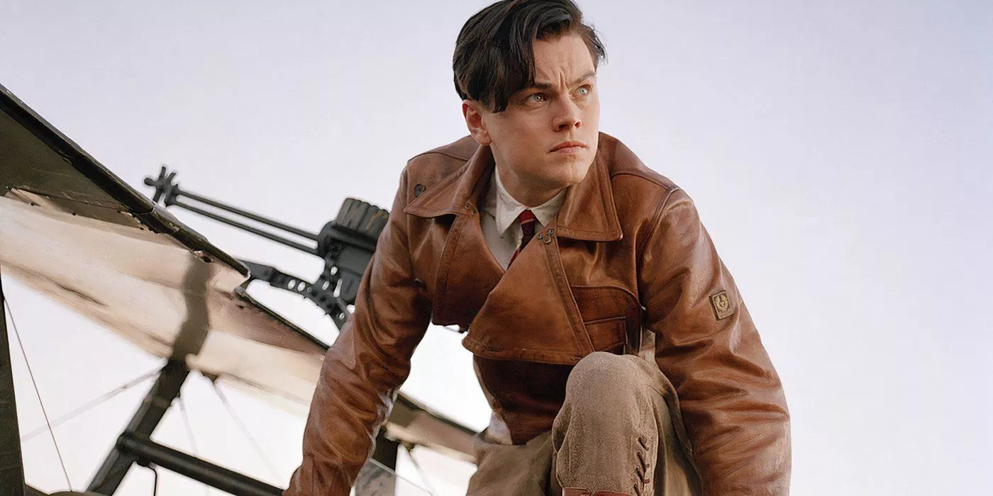 Leonardo Dicaprio as Howard Hughes flying one of his planes on the set of his movie in The Aviator.