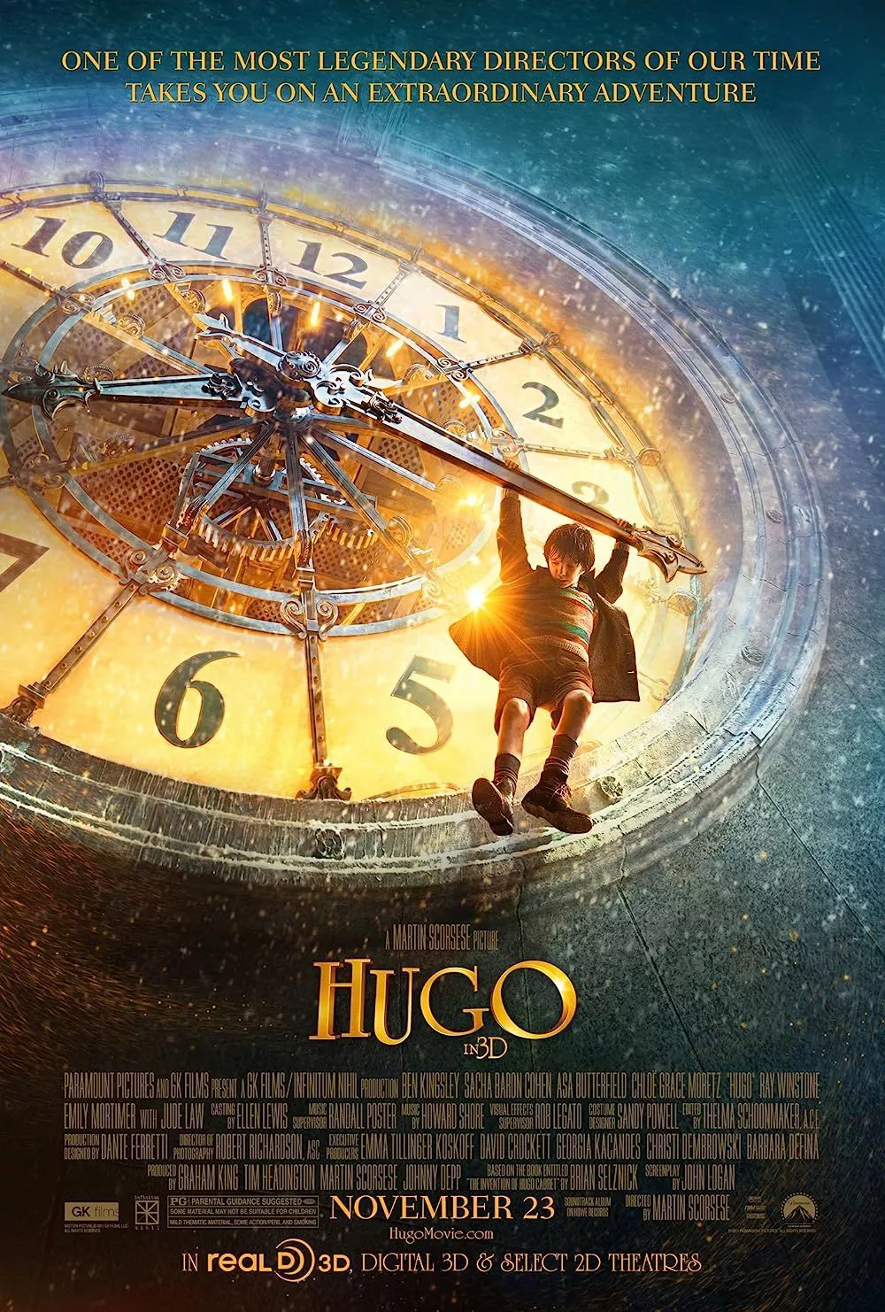 Hugo hangs from a clock on the Hugo Poster