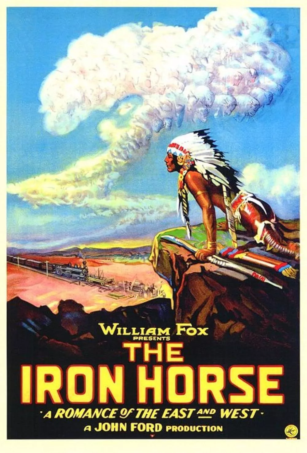 Poster of the film The Iron Horse with a man looking from a cliff