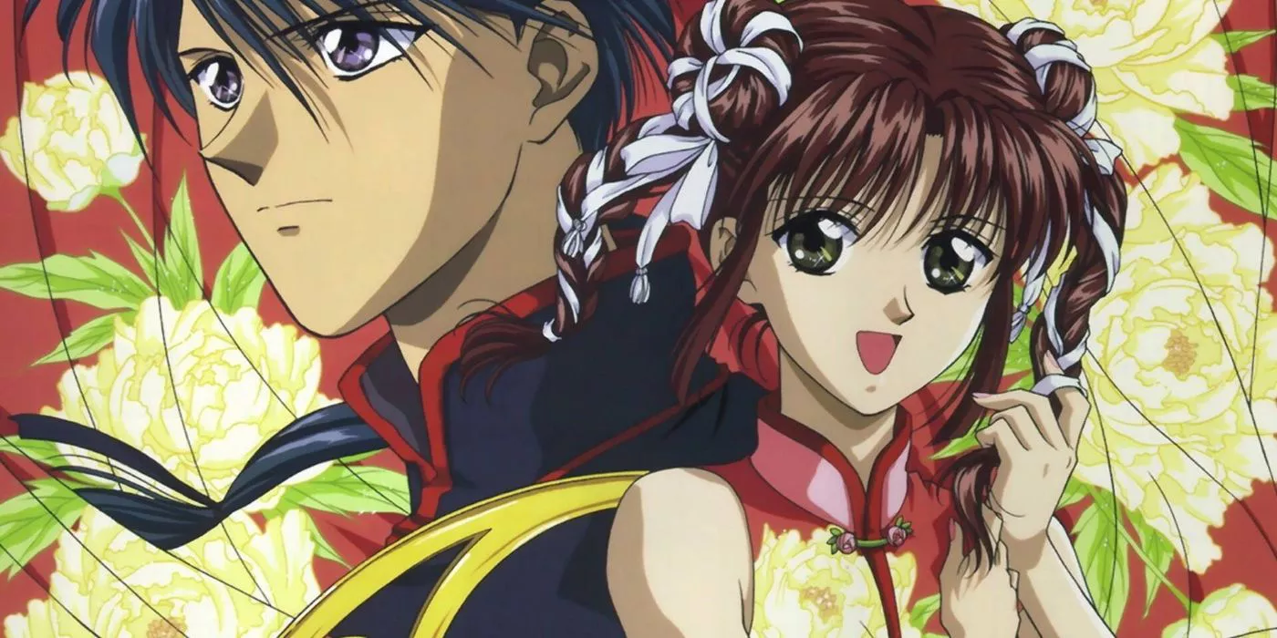 Tamahome y Miaka con flores de fondo en Fushigi Yugi.