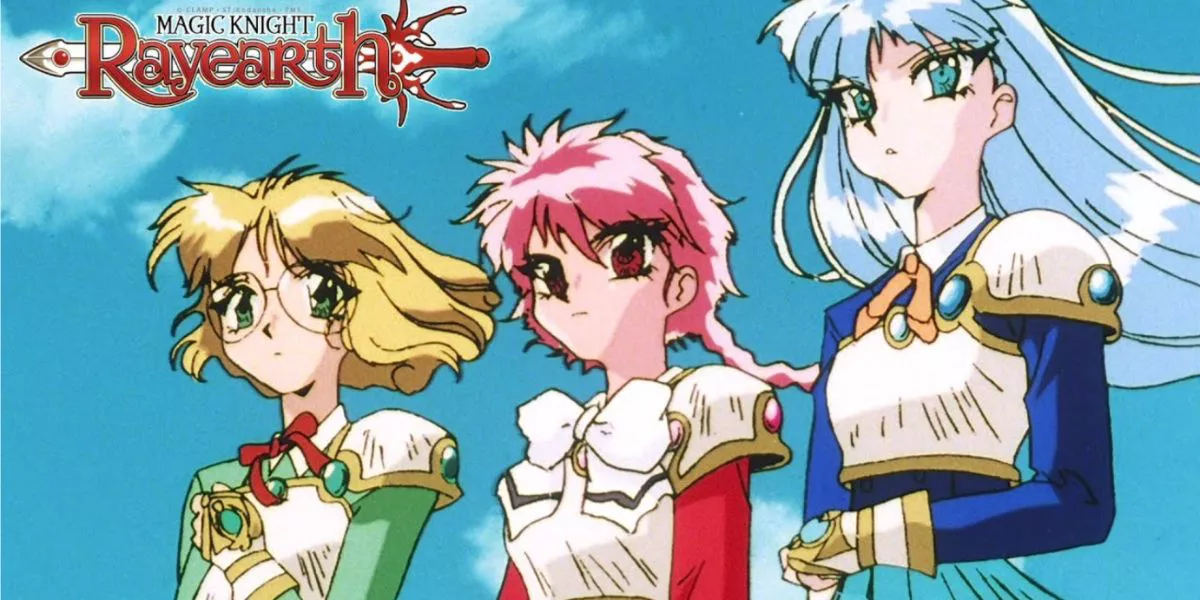 Hikaru, Umi y Fuu de Magic Knight Rayearth mirando hacia el cielo