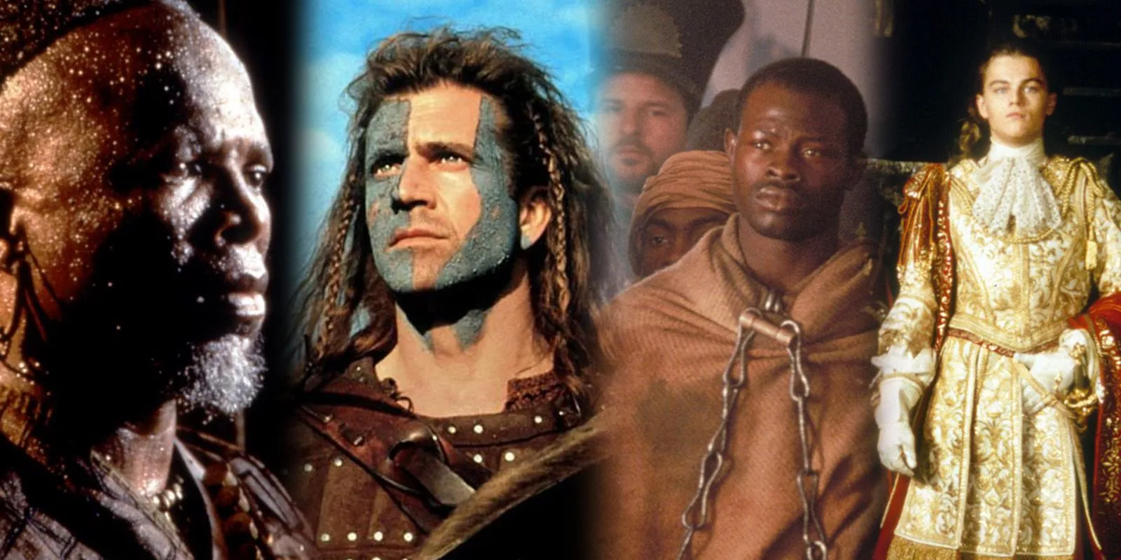 Collage de películas épicas de los 90 con John Kani, Mel Gibson, Djimon Hounsou, Leonardo DiCaprio