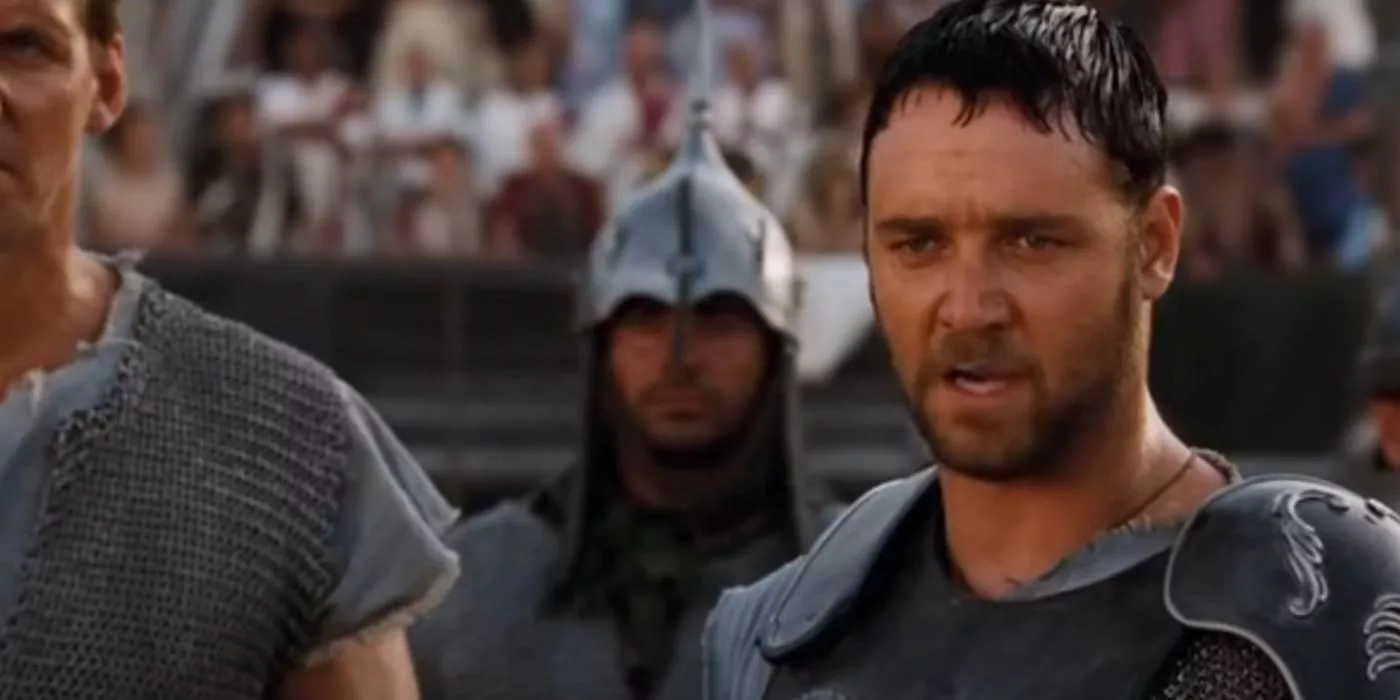 Maximus se revela a Commodus en Gladiador.