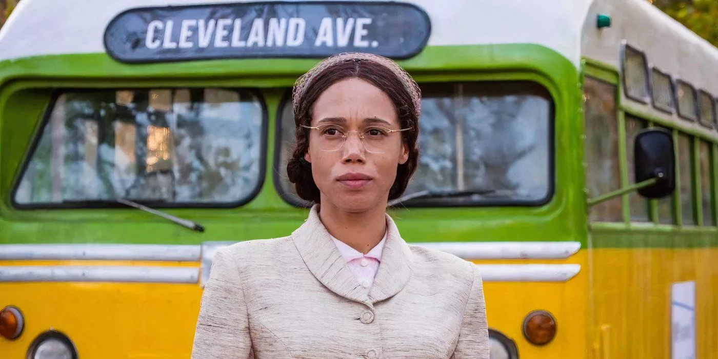 Rosa Parks stands in front of a bus in Doctor Who